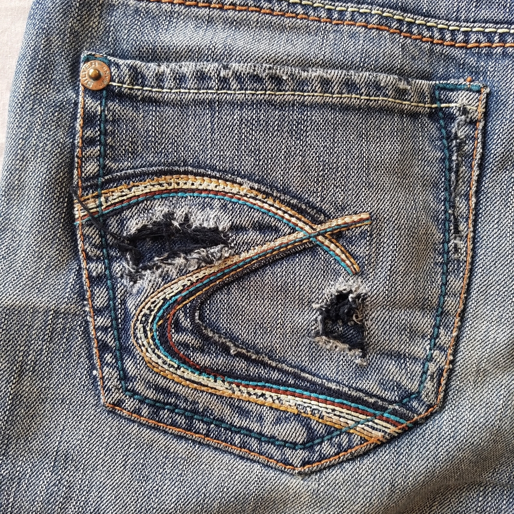 Silver Mirage Distressed Flare Denim Blue Jeans
